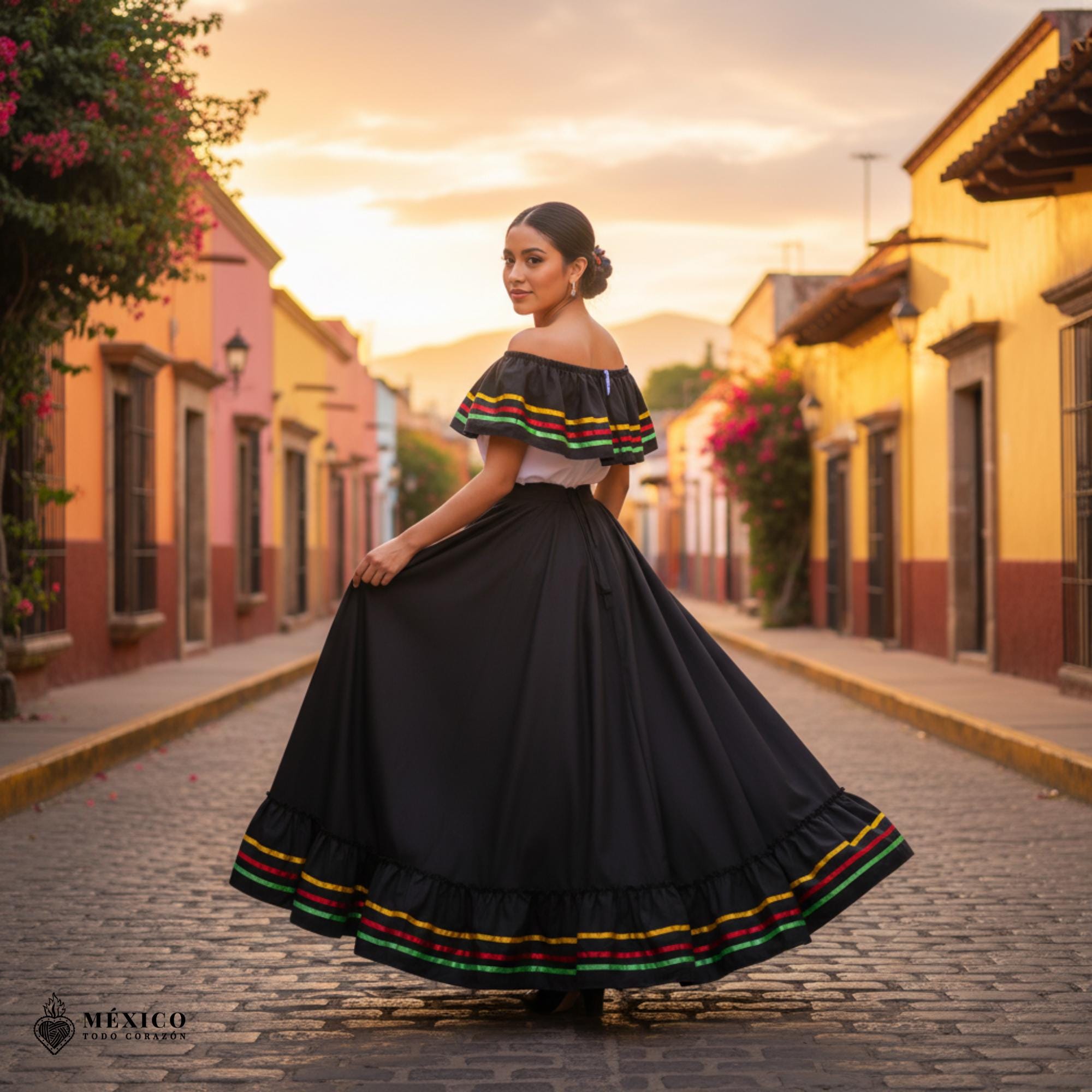 メキシコのドレス‼️ メキシコのハリスコ風ブラックドレスセット - 女性用ハンドメイドの