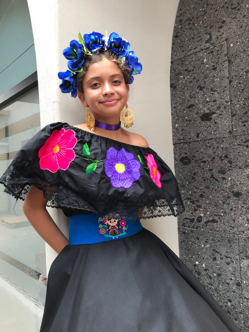 Mexican Blouse woman/'s one size Color Black Frida style Mexican hobo hippie flower coco theme party day of the dead Blouse ONLY 5 de Mayo