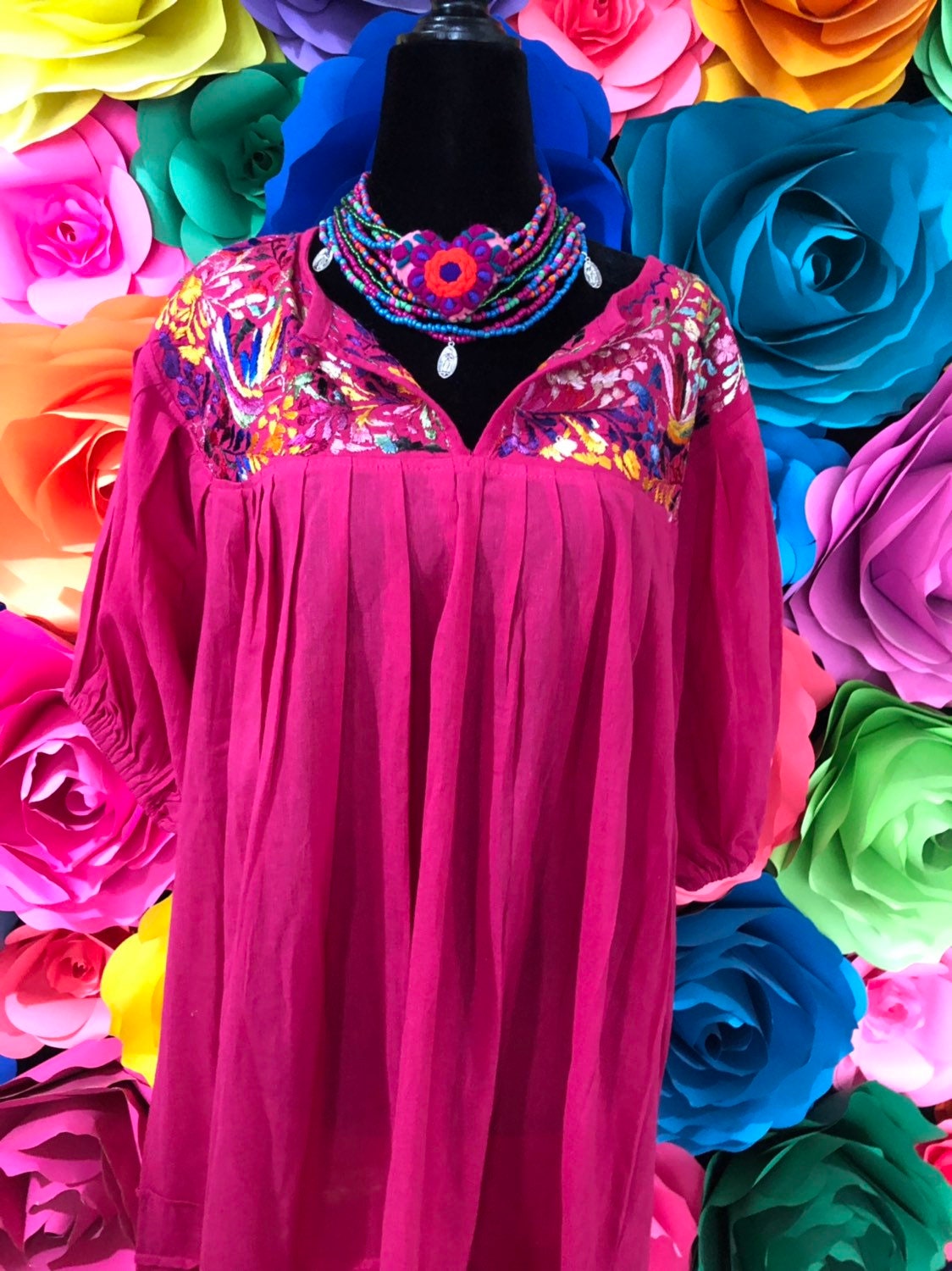 Handmade Mexican Embroidered Dress: Pink Boho Peasant Style