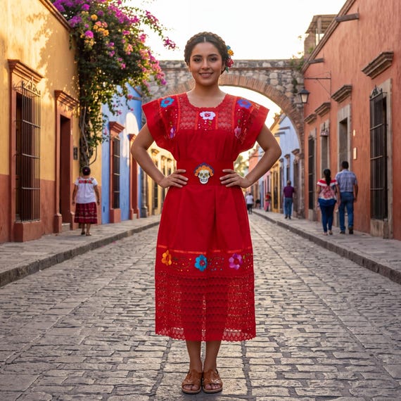 handmade mexican embroidered dresses Handmade Mexican Long Dress: Embroidered Floral Cotton Hupil