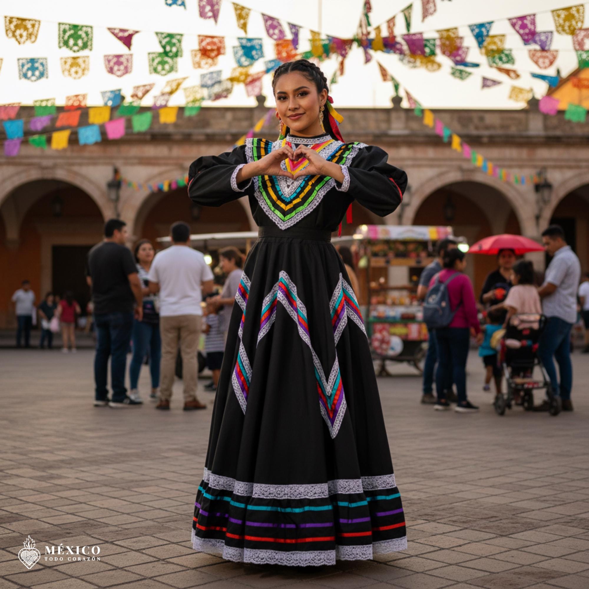 黒の伝統的なハリスコ風ワンピースドレス - メキシコの民族衣装