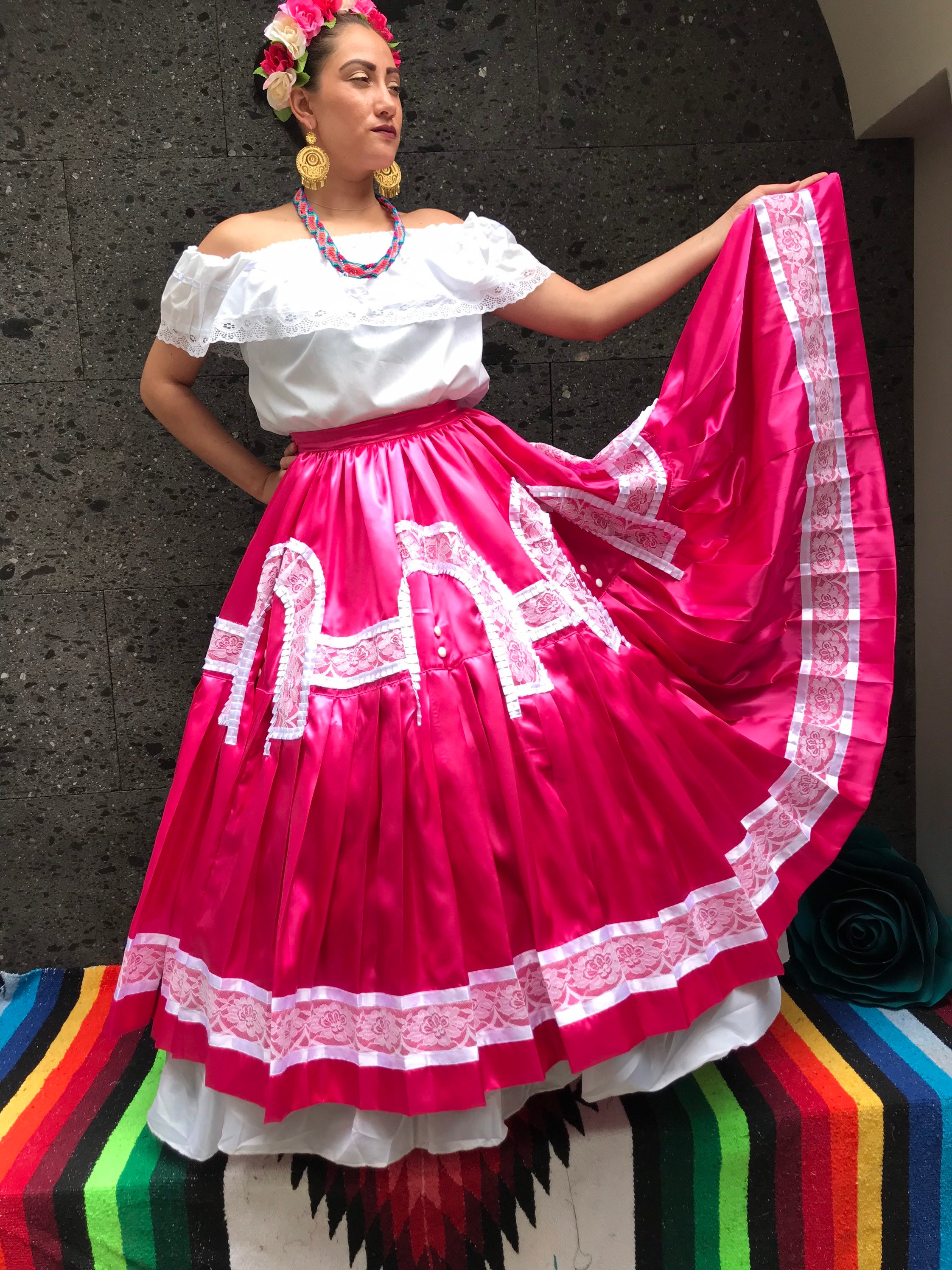 Pink Oaxaca Skirt: Mexican Satin Lace Trim, Guelaguetza Costume - Etsy