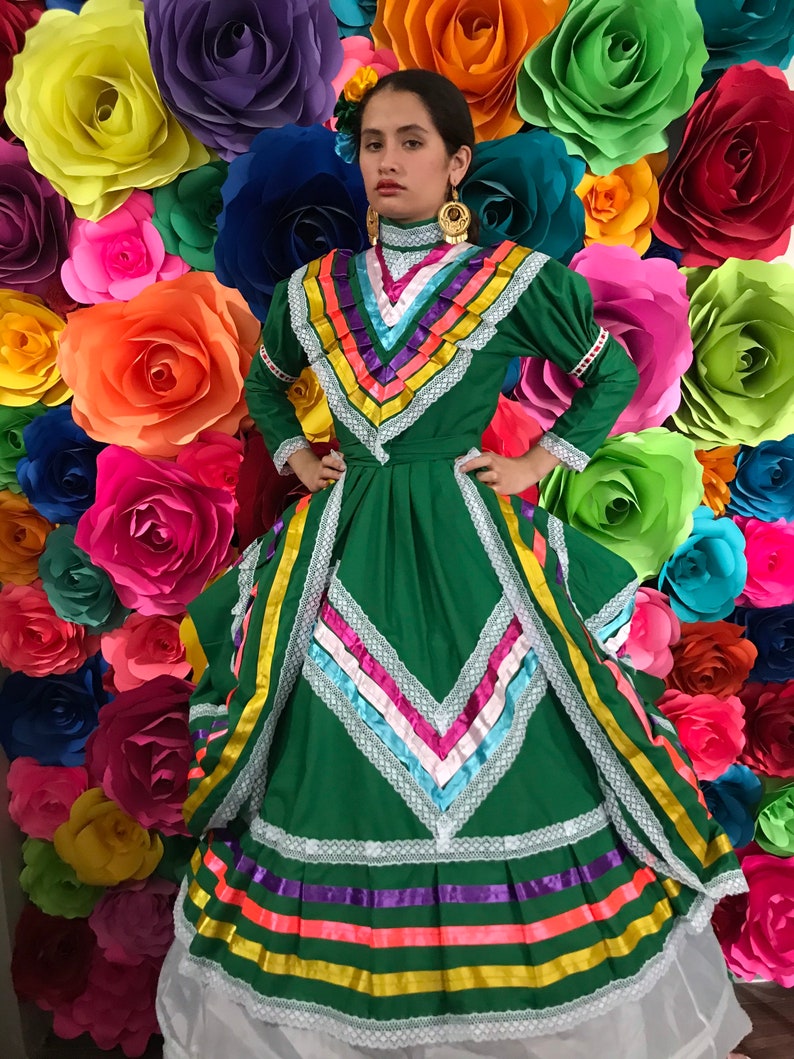 Mexican dress size 10 Green Jalisco dress Folkloric Frida | Etsy
