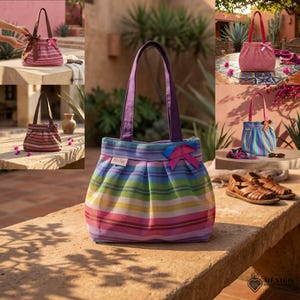 May include: A selection of striped tote bags in various colours, including pink, red, blue, and rainbow. Each bag has a handle and a decorative bow. The bags are displayed in a variety of settings.