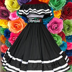 Mexican folkloric Skirt and Blouse  black pink ribbons. Mexico Todo Corazón ballet folclórico double vuelo size 2t to xlarge custom orders