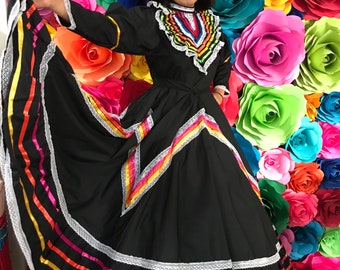 Mexican Jalisco dress Teenager-size 14  Color Black stunning   - Beautiful-style-baby mexican boho hippie baby flower