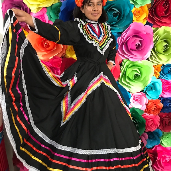 Vestido Jalisco Mexicano Adolescente Talla 16 Color Negro impresionante - Hermoso estilo - bebé mexicano boho hippie bebé flor