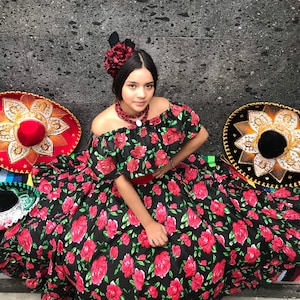 Vestido negro mexicano con top hecho a mano, hermoso, estilo Frida Kahlo, disfraz de mujer boho mexicano con temática de coco para fiesta del día de los muertos, 100 cm