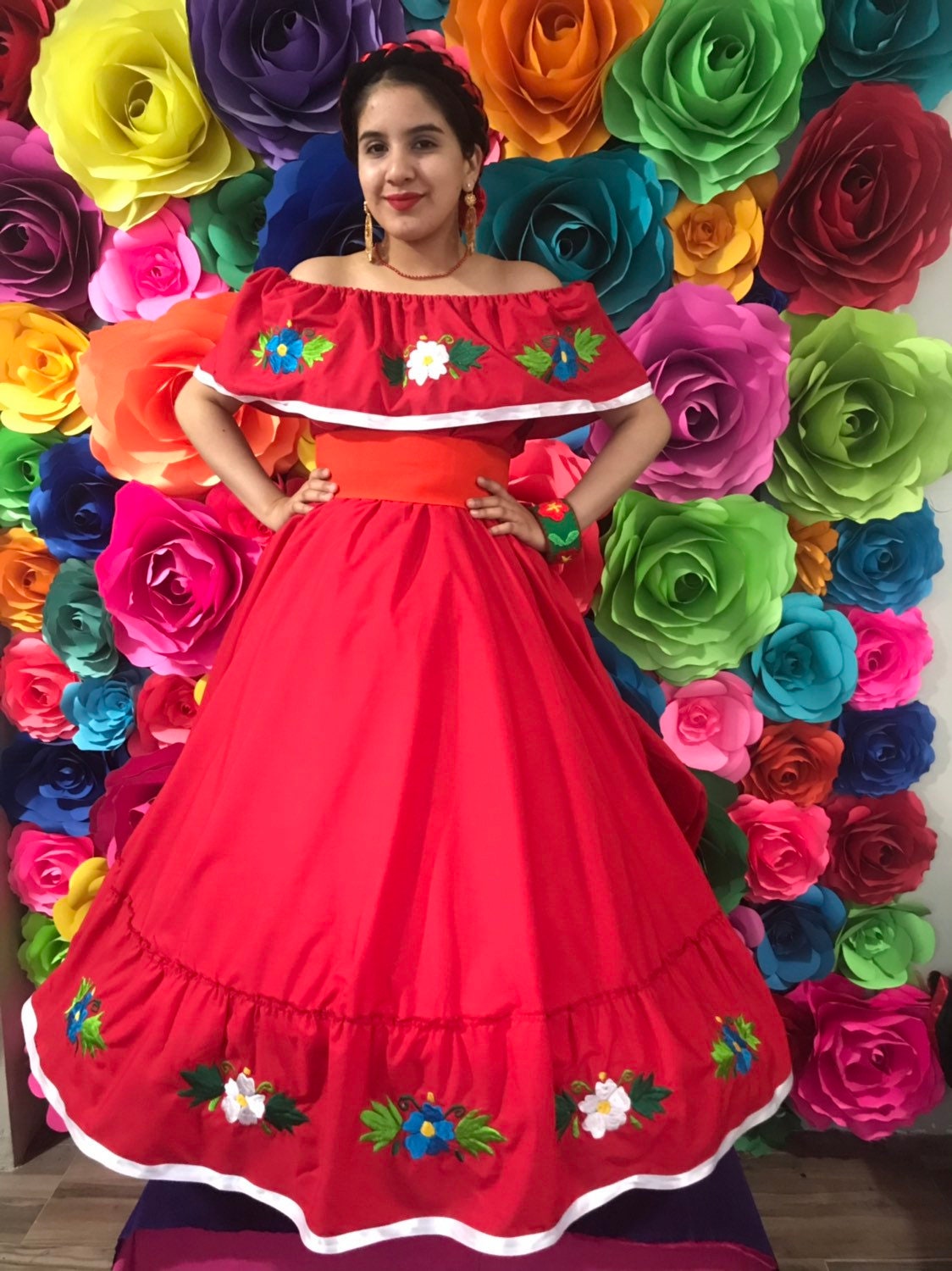 red fiesta dress Handmade Red Mexican Dress With Floral Embroidery - Boho Fiesta Style