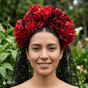 Traditional Mexican Floral Headband with Veil – Red & Black Catrina Style