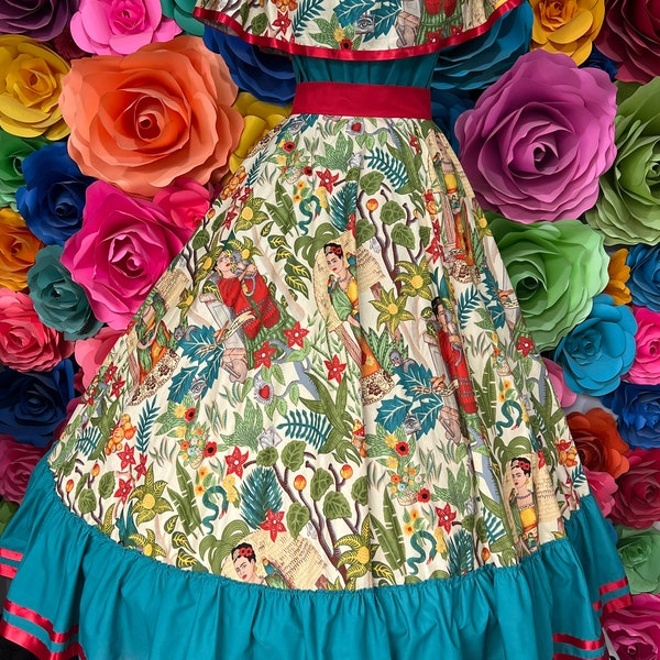 Vestido mexicano con top falda hecha a mano estilo-mujer mexicano boho coco tema fiesta dia de muertos disfraz 5 de mayo