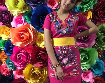 Embroidered Mexican Dress, Kimono Style, Day of the Dead, Size M