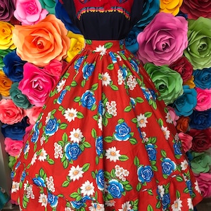 Red flowered SKIRT  Mexican practice  skirt 5 de mayo day of the dead coco theme party 100 cm Frida Khalo inspired