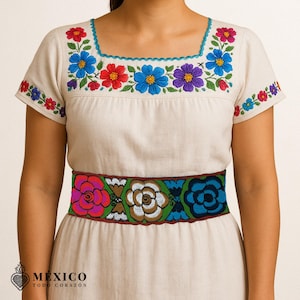 Handwoven Mexican Waist Belt – Premium Faja Colorful Flowers & Butterflies Dark Orange Ties | México Todo Corazón