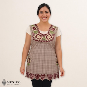 Grembiule ricamato messicano marrone - Regalo da cucina in cotone floreale messicano