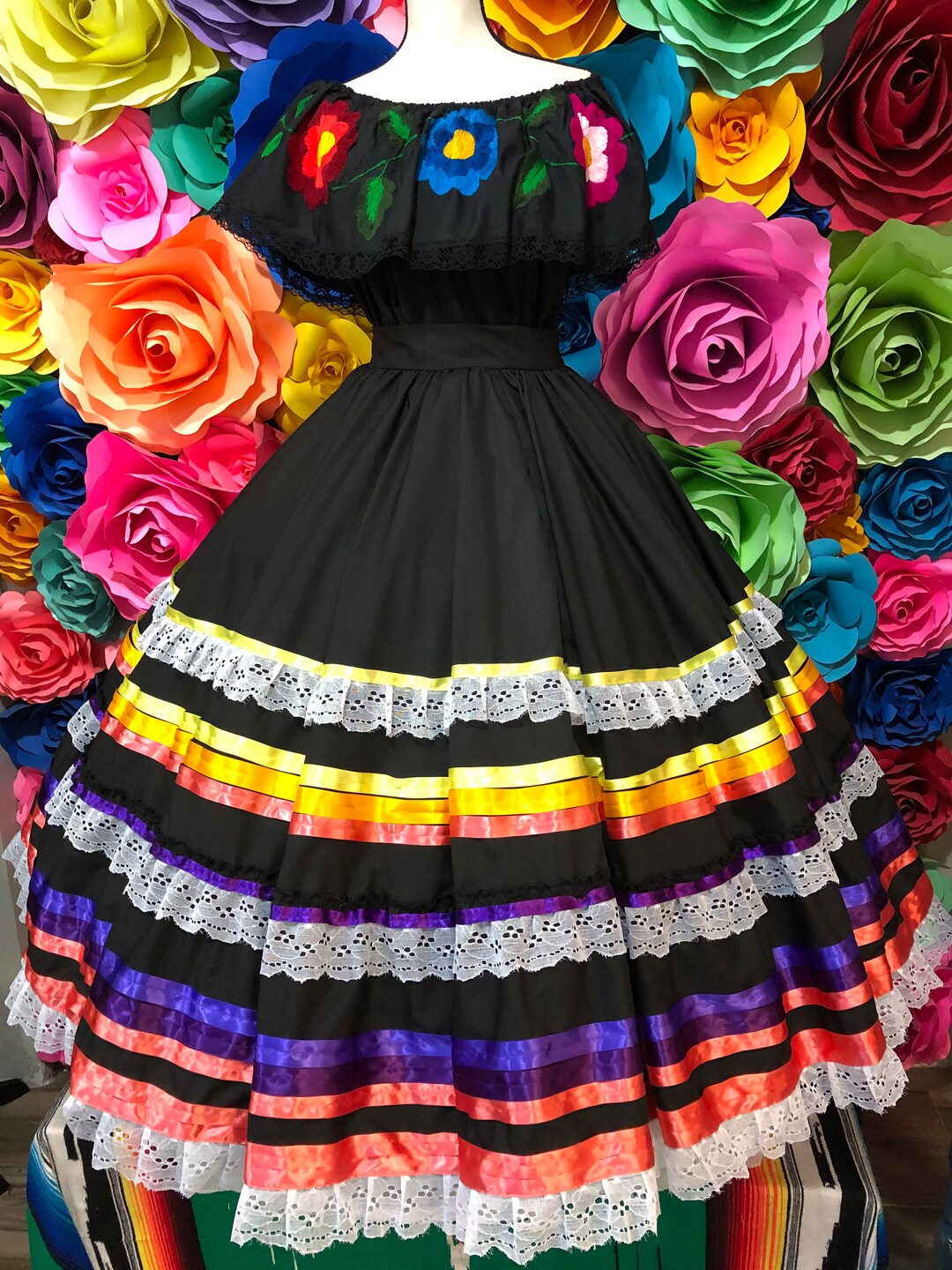 Mexican Practice Skirt Doble Vuelo Folklorico Ribbon and Lace Ballet Folklorico Adult Double
