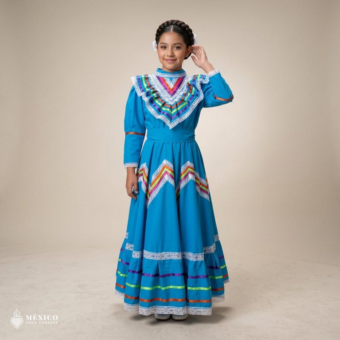 Light Blue Traditional Jalisco One-piece Dress for Girls & Teens (size 10)