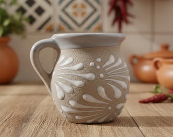 Handmade Mexican Talavera Style Clay Mug – White Floral Ceramic Cup