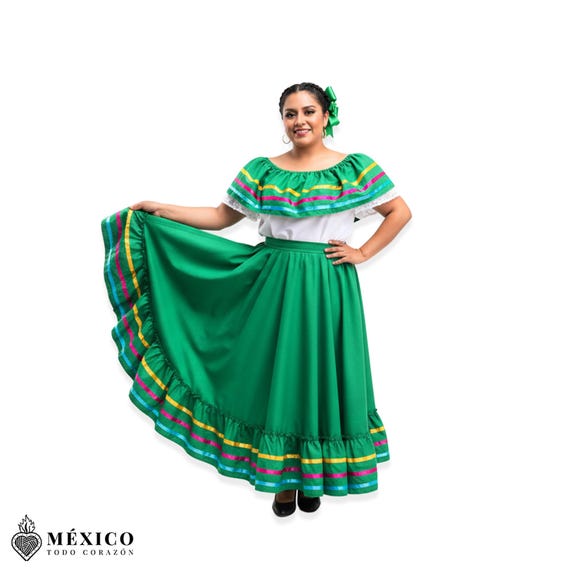 グリーンのメキシコハリスコドレスセット - 女性用ハンドメイドの伝統