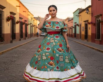 メキシコの民族衣装風スカートとブラウスのセット：ティールフィエスタ