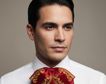 Red Mexican Embroidered Charro Moño – Traditional Satin Mariachi Bow Tie