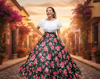 Falda Mexicana Floral: Estampado de Rosas Negras, Disfraz de Fiesta Boho (100 cm)