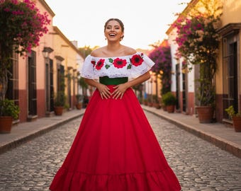 Falda Roja Mexicana Hecha a Mano – Temática Boho Coco, Día de Muertos (100 cm)