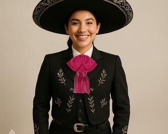 Charro Moño mexicain fuchsia : Nœud papillon Fiesta en satin avec franges