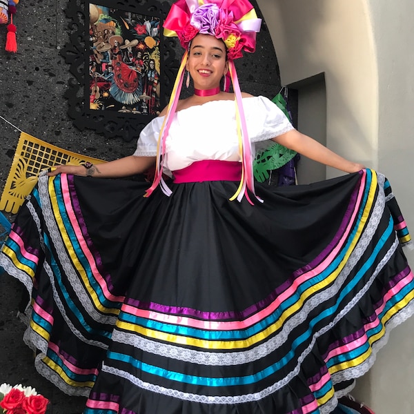 FALDA de mujer mexicana más hecha a mano- Hermosa- fiesta temática folklórica día de los muertos 90cm Doble círculo otros artículos en el menú desplegable