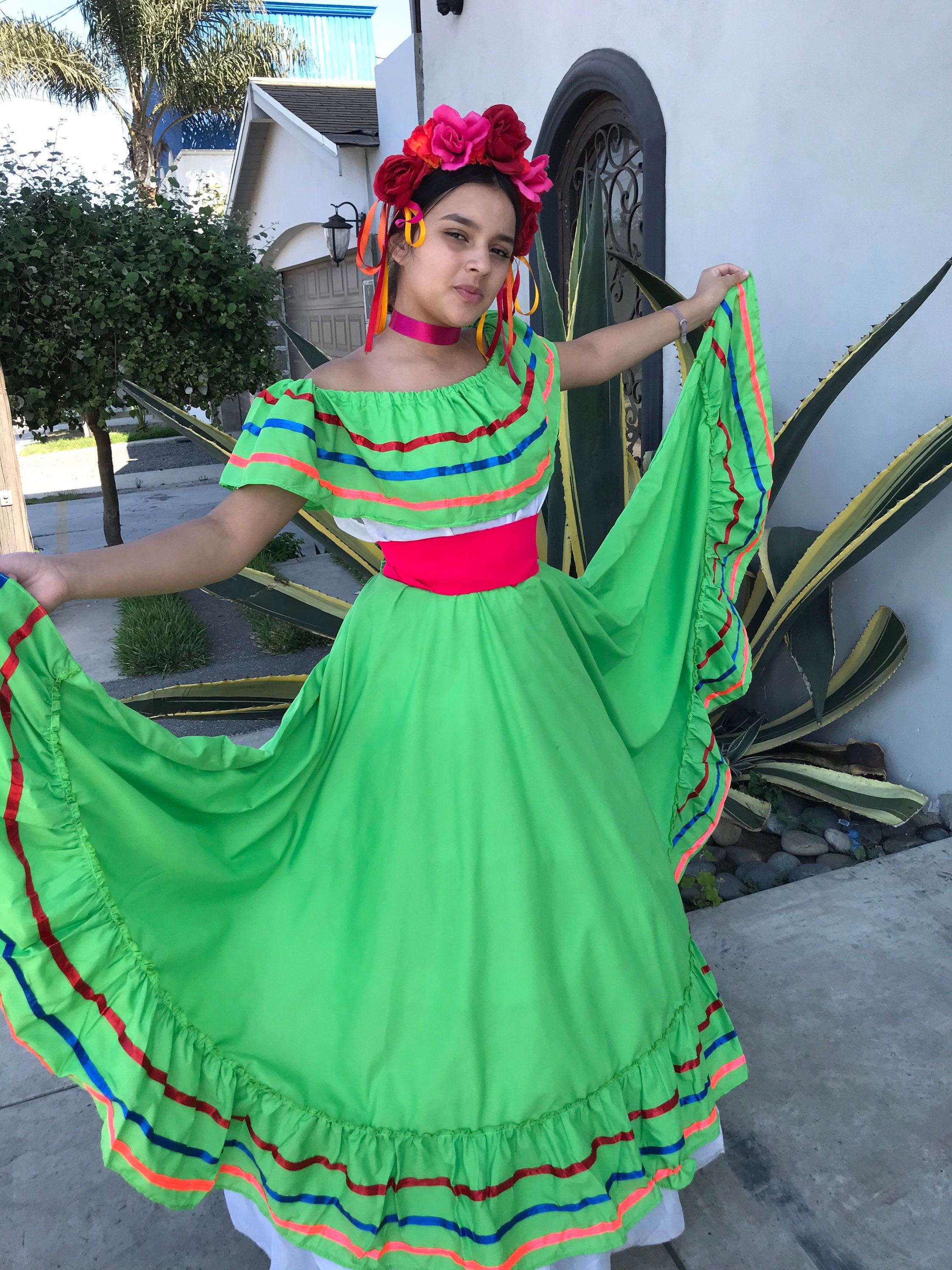 green mexican dress Handmade Mexican Dress: Boho Coco Theme Party Costume