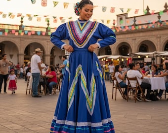 メキシコの民族衣装風スカートとブラウスのセット：ティールフィエスタ