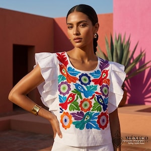 May include: A white sleeveless blouse featuring ruffled sleeves and a vibrant, multi-colored embroidered pattern on the front. The embroidery displays stylized birds and floral motifs in shades of red, blue, orange, purple, and green.
