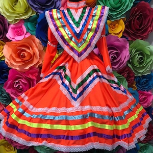 Mexican dress size 8 Kids Orange Jalisco dress Folkloric-Frida Kahlo style mexican boho hippie Mexican dance dress wedding 5 de mayo  fiesta