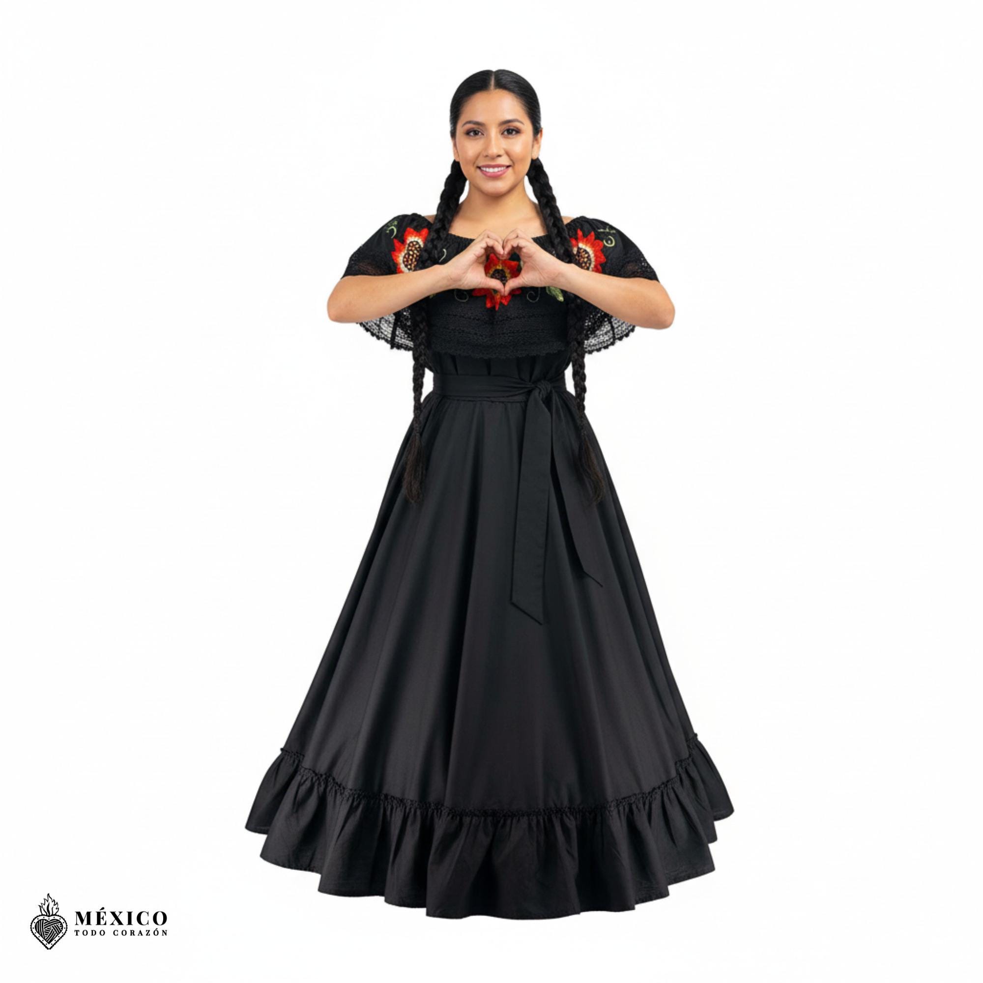 Traditional Mexican Embroidered Floral Dress Set – Handmade Two