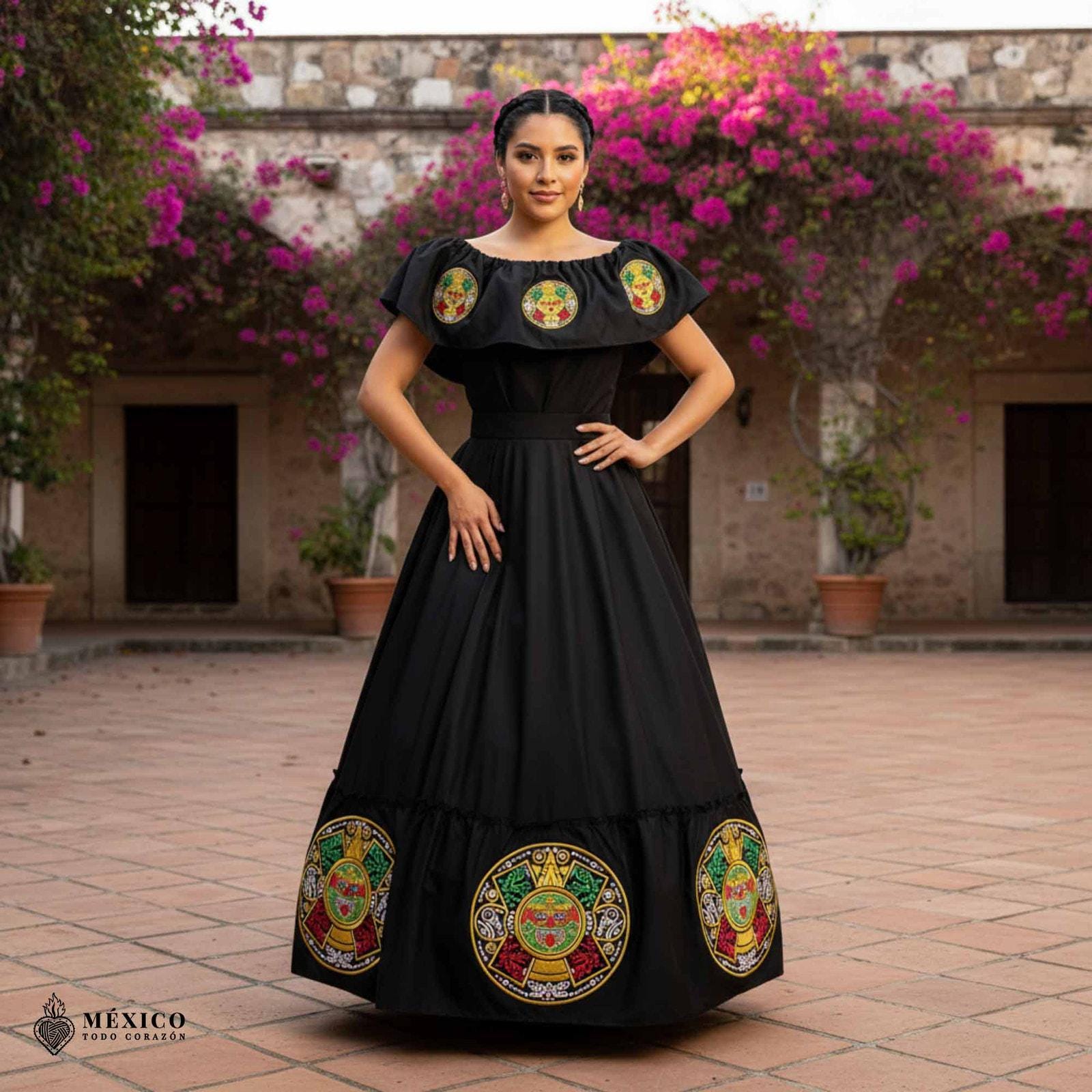 aztec design dresses Traditional Mexican Embroidered Calendar Dress Slutty bride in wedding Spring Formal 2023 Christmas dresses back beach vibe or Color:watermelon red