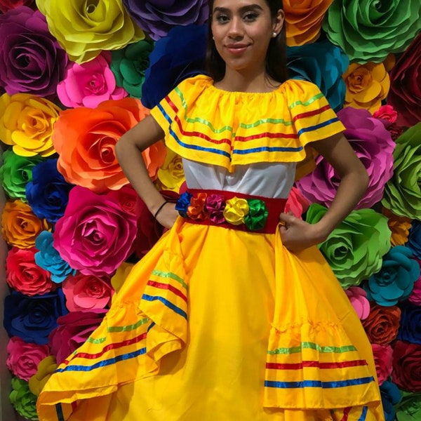 Vestido mexicano con top Hecho a mano- Hermosa- mujeres mexicana boho coco tema fiesta día de los muertos Amarillo 100CM