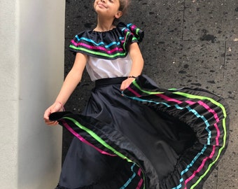 Mexican Jalisco two piece  dress Handmade- Beautiful style- KIDS SIZE mexican boho coco theme party  day of the dead Black 80CM