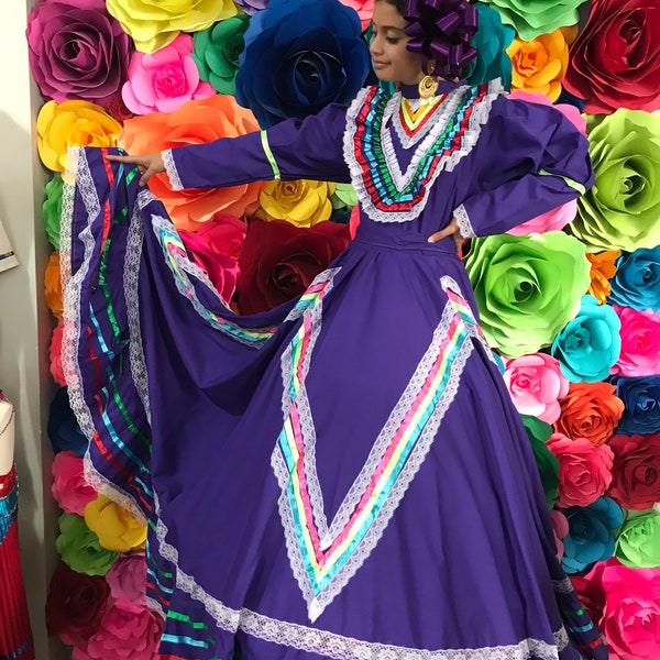 Mexican Jalisco vestido talla adolescente 14 Color Púrpura impresionante - Hermoso estilo-bebé mexicano boho hippie baby flor