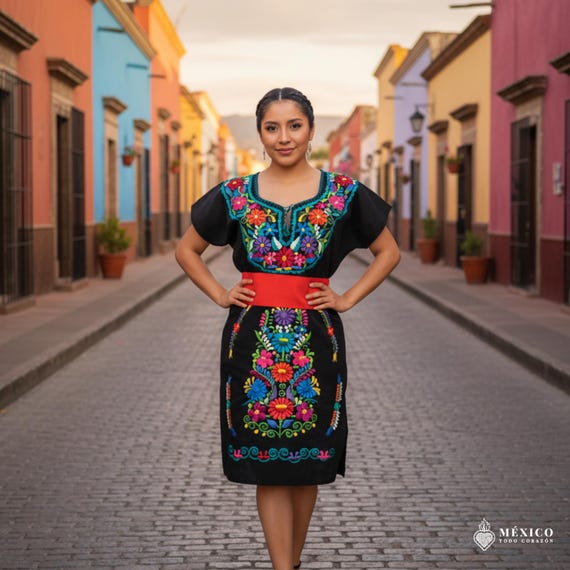 Mexican Embroidered Kimono Dress: Black Boho Flower Dress (Medium)