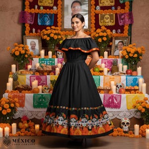 May include: A black off-the-shoulder dress with orange trim and a full skirt. The skirt features a colorful Day of the Dead design with sugar skulls and flowers. The background includes an altar with candles, flowers, and portraits.