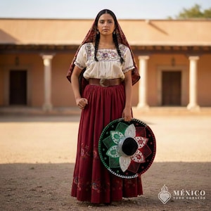 May include: A woman in traditional Mexican attire, including a burgundy skirt, embroidered blouse, and a shawl. She holds a sombrero with the colors of the Mexican flag: green, white, and red. The image is set outdoors with a building in the background.