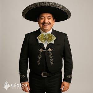 Beige mexikanische Charro Moño mit Gold Stickerei | Traditionelle Mariachi-Fliege für Fiestas oder Kulturelle Veranstaltungen | México Todo Corazón