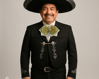 Charro Moño mexicain beige : broderie cheval dorée, noeud papillon mariachi