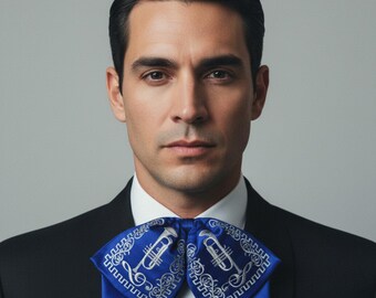 Charro moño brodé bleu mexicain - Nœud papillon mariachi en satin traditionnel