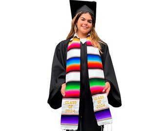 Graduation class of 2024 both sides white writing Sarape School logo embroidery personalized custom graduation Blue sash