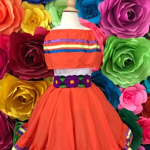 Handmade Mexican Dress: Coco Theme, Orange, Kids Size 2-4