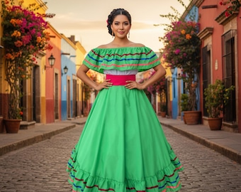 Mexican womans dress Handmade-ONE SIZE Womans Teen Beautiful coco theme style-Mexican hobo hippie baby one size  dress peasant GREEN 90CM