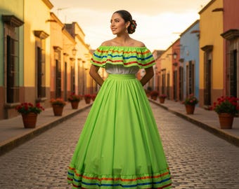 Light Green Mexican Jalisco Dress Set – Handmade Traditional Folkloric Outfit for Women