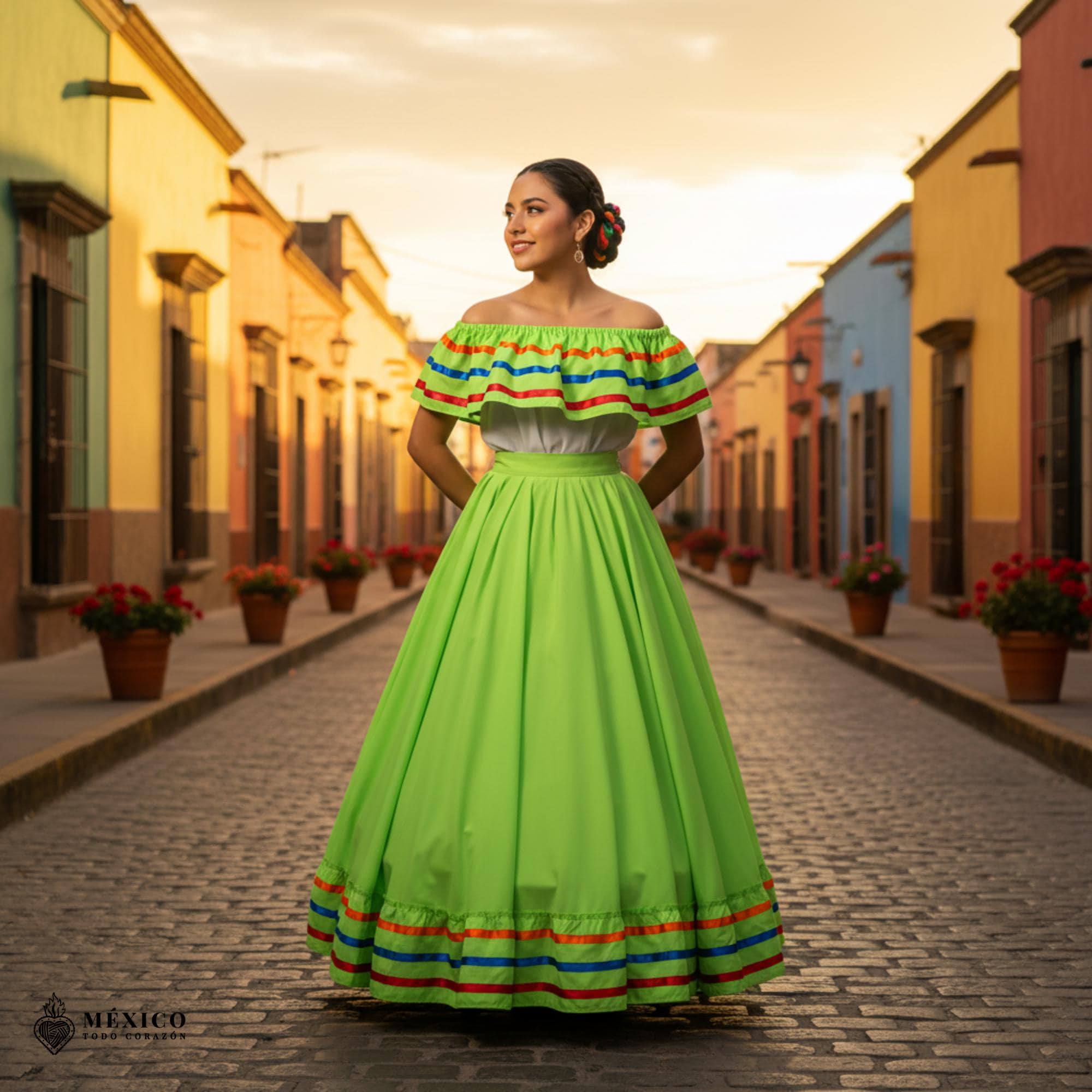 Light Green Mexican Jalisco Dress Set - Handmade Traditional Folkloric Outfit for Women