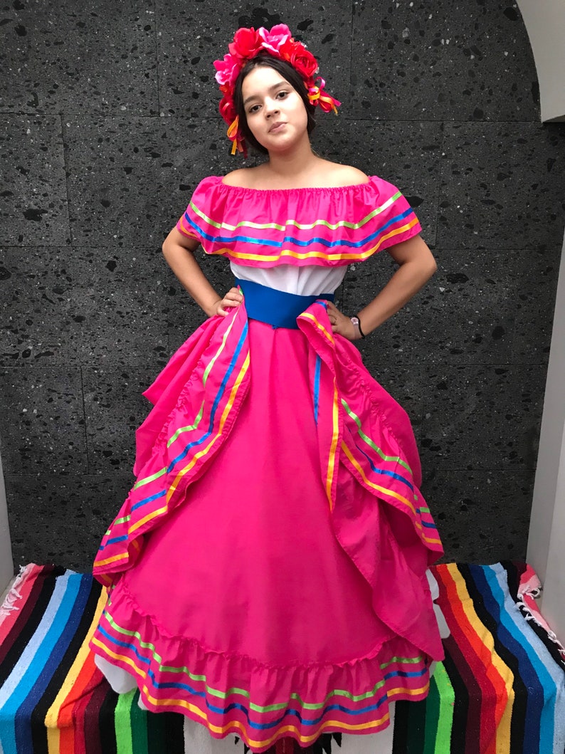 Mexican dress with top PINK Handmade Beautiful Frida Kahlo | Etsy